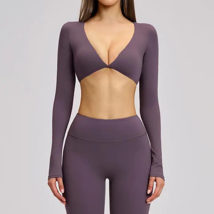 Haut court de yoga à manches longues pour femme, séchage rapide, idéal pour la gym, la course et l'e