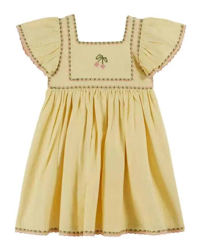 Robe en jean plissée pour fille, broderie florale, manches courtes, style princesse, collection été