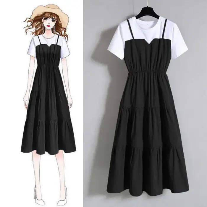 Fausse robe deux pièces à bretelles pour femmes, manches courtes, robe serrée à la taille, mode, été