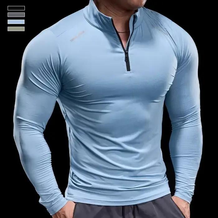T-shirt à manches longues avec col montant et fermeture éclair pour homme, élastique, serré, t-shirt