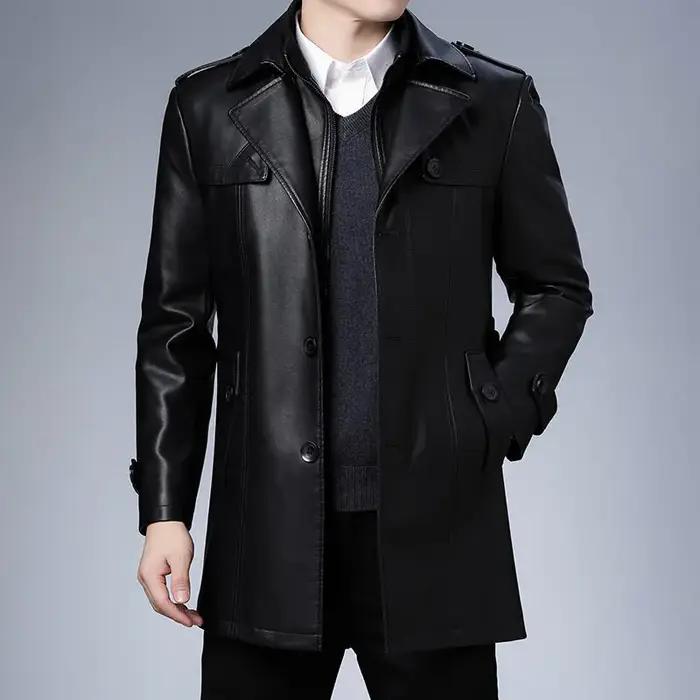 Veste d'hiver en cuir polaire pour hommes, costume d'affaires mi-long décontracté avec col coupe-ven