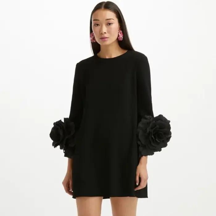 Robe en Satin à col rond pour femmes, manches longues, robe droite à fleurs, mini-robe à roses noire