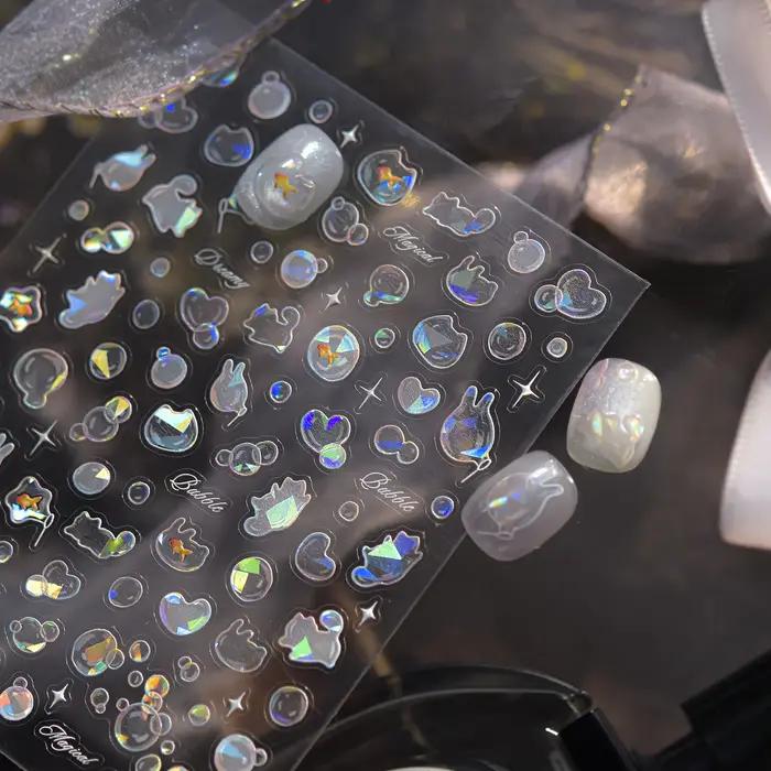 Autocollants de décoration d'ongles à bulles souffantes brillantes, coquille 5D légère, amour chat,
