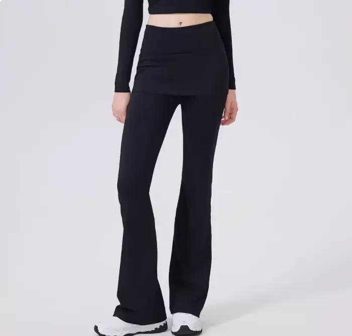 Pantalon faux deux pièces à taille haute légèrement évasé avec jupe intégrée pour femmes, idéal pour
