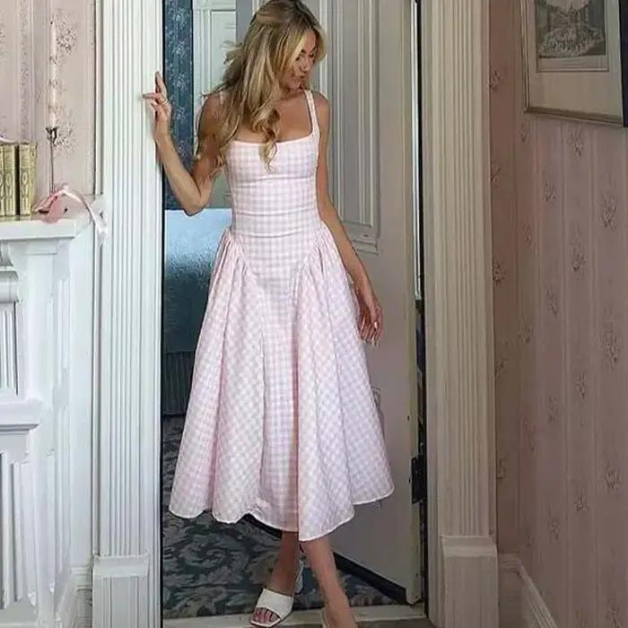 YENKYE à lacets pansement Plaid Robe à bretelles femmes élégant col carré taille basse a-ligne Midi