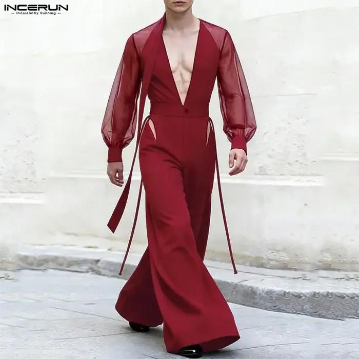 Combinaisons pour hommes INCERUN, style streetwear, à manches longues, col en V, transparentes, avec