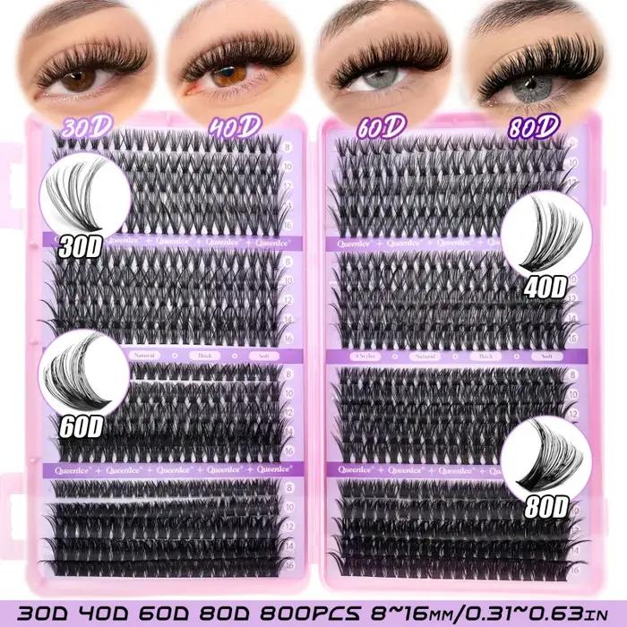 QUEENICE 800 pièces de faux cils en grappe de longueur mixte | Léger, doux, facile à appliquer, De