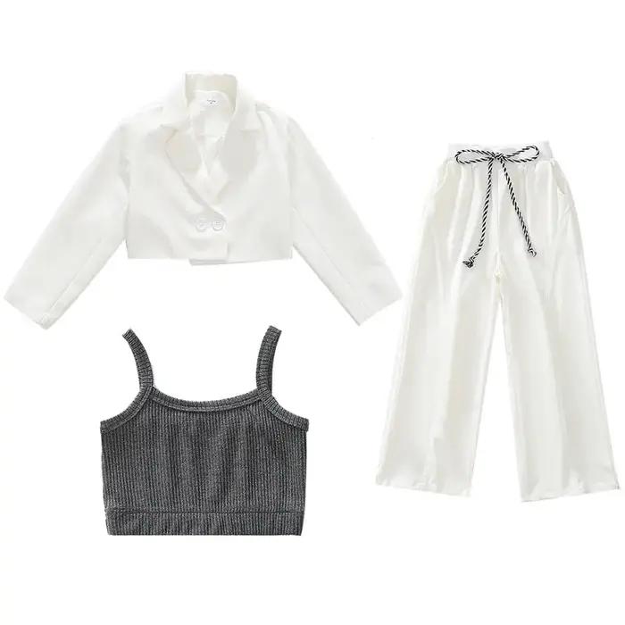 Ensemble de vêtements pour adolescentes, Top court + veste Blazer et pantalon, costume blanc 3 pièce