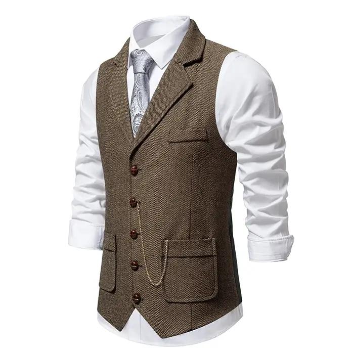 Gilet rétro à chaîne à revers pour hommes, mode chevrons, poches en Tweed grossier, gilet de costume