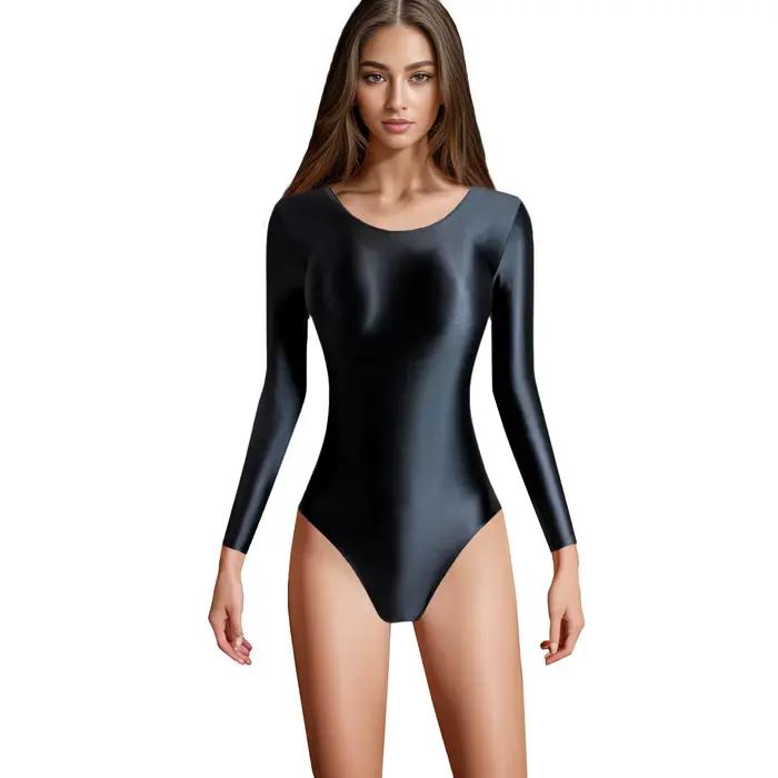 Combinaison sport satin brillant XClocKNYoung - Haut manches longues fente haute pour yoga et gymnastique