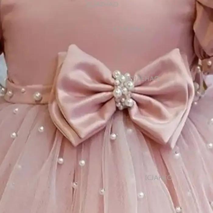 Robe de cérémonie pour enfant 2026 rose à manches bouffantes, ornée de perles et d'un nœud, pour dem