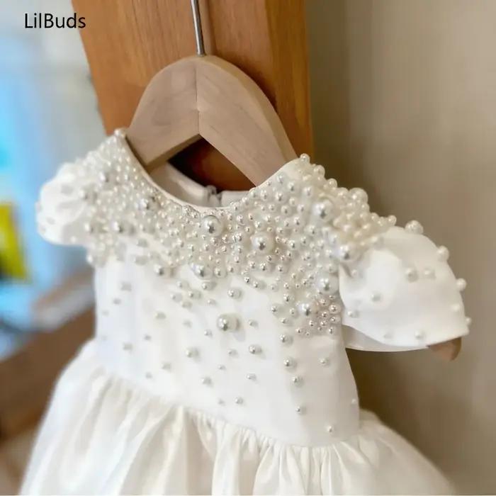 Robe en satin blanc faite à la main pour bébé fille, élégante et mignonne, pour fêtes, mariages, vêt