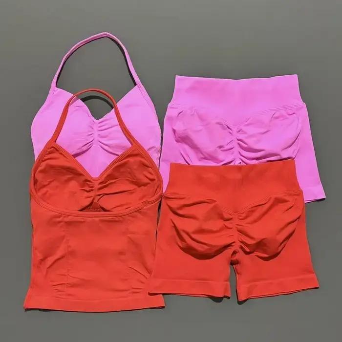 Yoga 2 pièces ensemble de gymnastique femmes dos nu haut à licou taille haute sans couture Shorts co