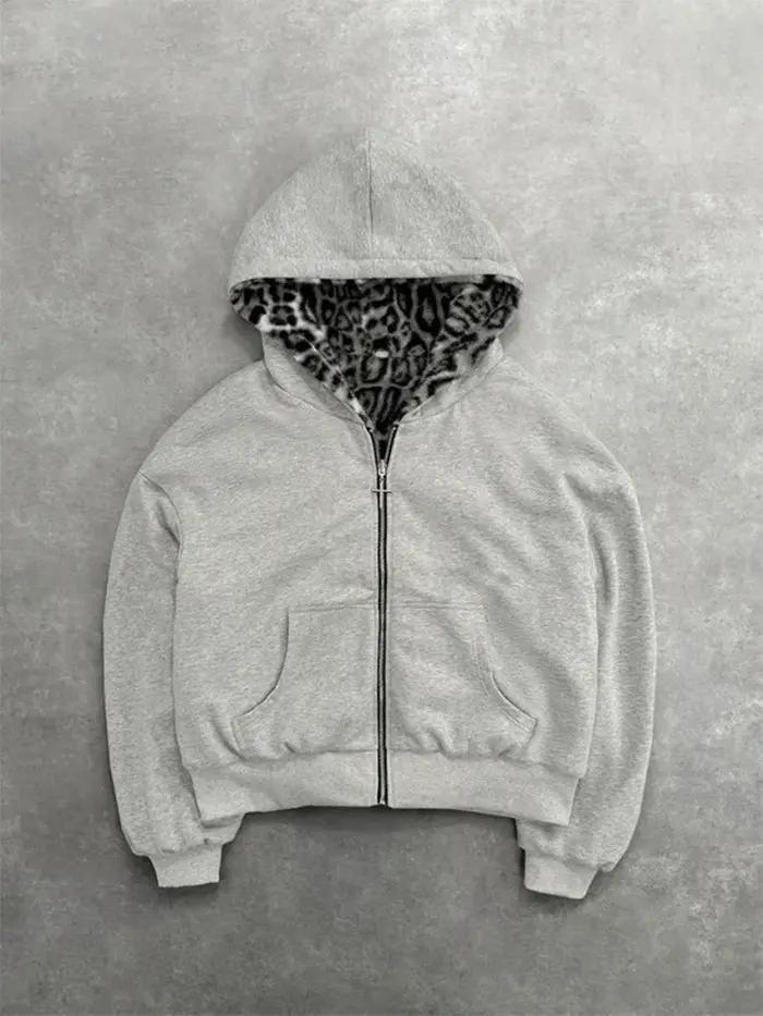 Automne/hiver léopard gris Double face sweat à capuche avec fermeture éclair hommes décontracté haut