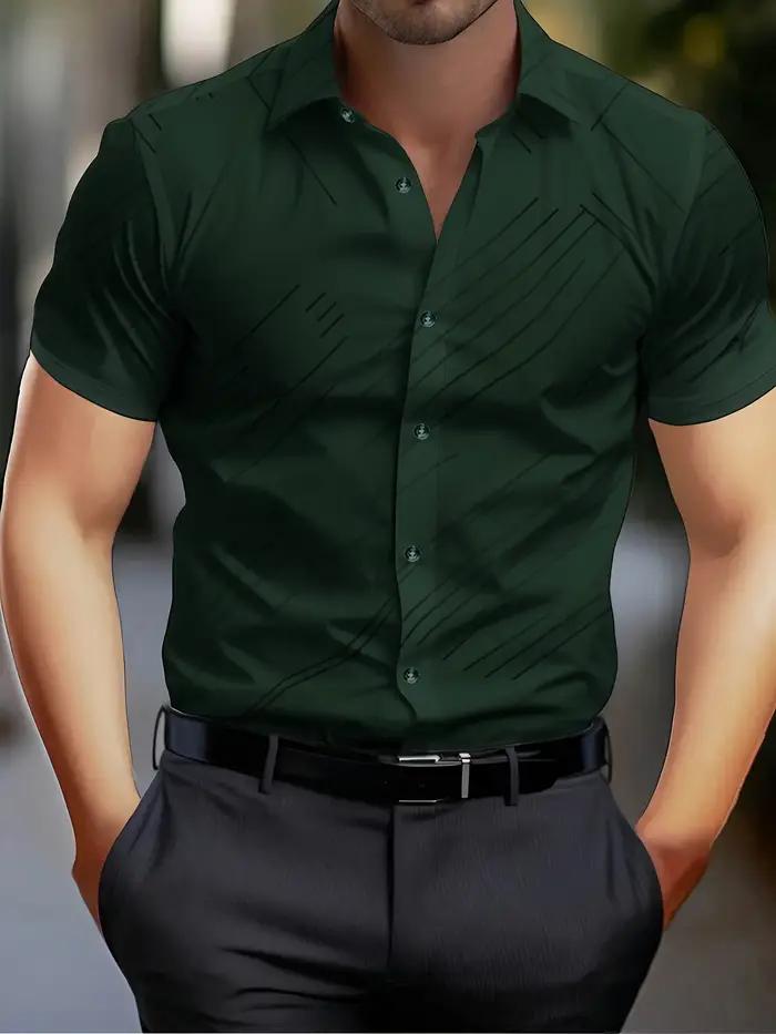 Chemise boutonnée à manches courtes pour hommes d'affaires décontractée à imprimé géométrique - Blan