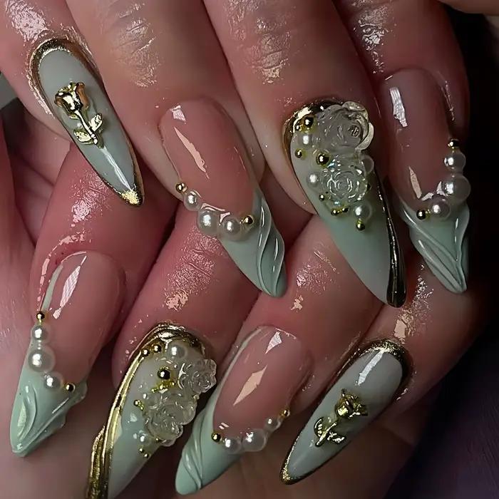 24 pièces faux ongles courts en amande ailes de papillon Nail Art avec colle paillettes fleur
