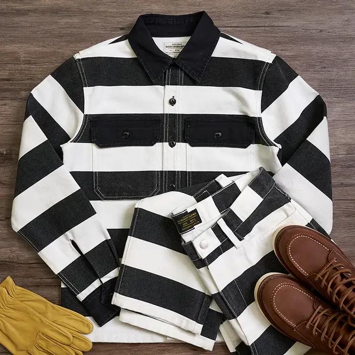 Automne nouveau américain rétro 16oz lourd prisonnier rayé veste hommes mode pur coton lavé épais to